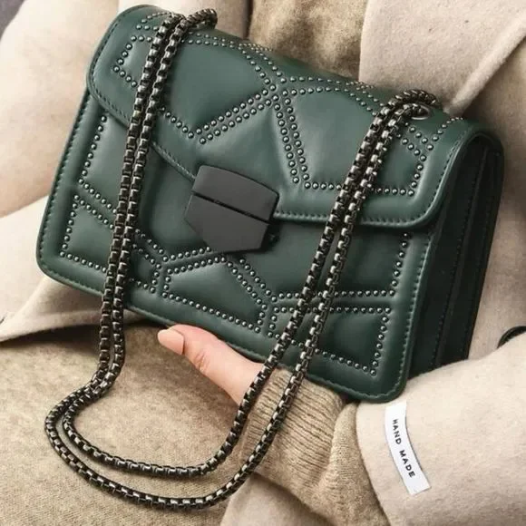 New Rocker Green Vegan Leather Studs Handbag Purse Inspired Trending - Picture 3 of 9